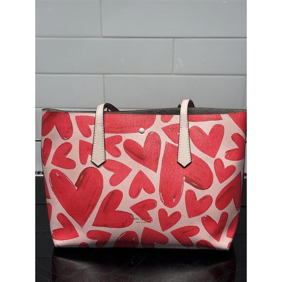 Kate Spade New York Molly Ever Fallen Large Tote Bag Heart Print, Pouch Pink Red - Picture 4 of 8